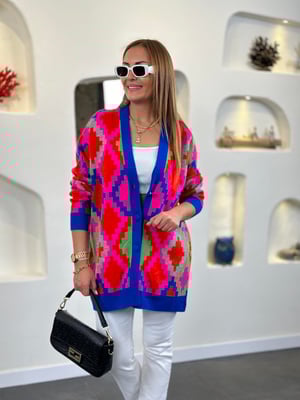 Kilim Desen Saks Fuşya Oversize Hırka
