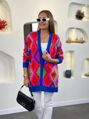 Kilim Desen Saks Fuşya Oversize Hırka