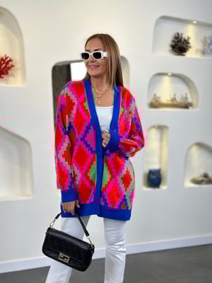 Kilim Desen Saks Fuşya Oversize Hırka