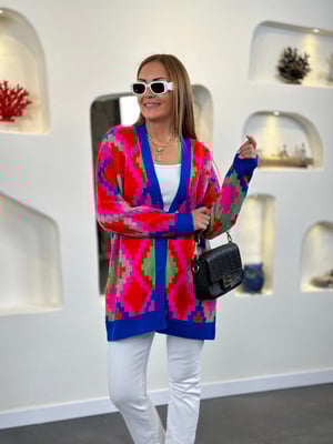 Kilim Desen Saks Fuşya Oversize Hırka