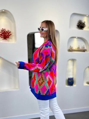 Kilim Desen Saks Fuşya Oversize Hırka