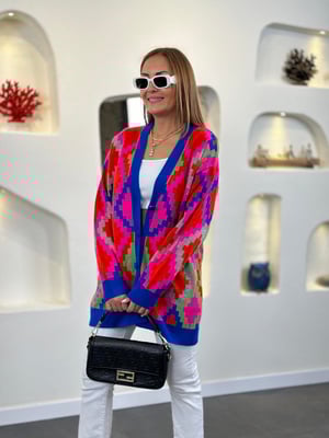 Kilim Desen Saks Fuşya Oversize Hırka
