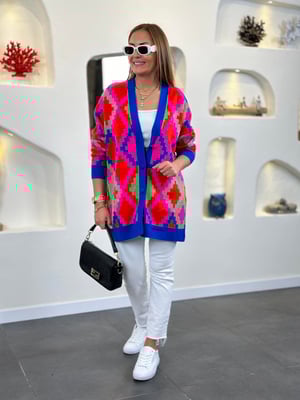 Kilim Desen Saks Fuşya Oversize Hırka