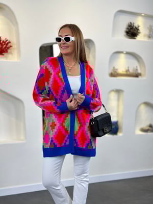 Kilim Desen Saks Fuşya Oversize Hırka