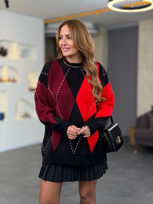 Kırmızı Bordo Baklava Desen Siyah Kazak