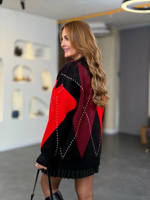 Kırmızı Bordo Baklava Desen Siyah Kazak