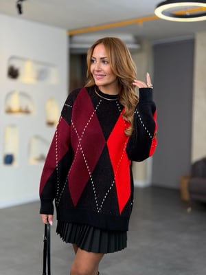 Kırmızı Bordo Baklava Desen Siyah Kazak