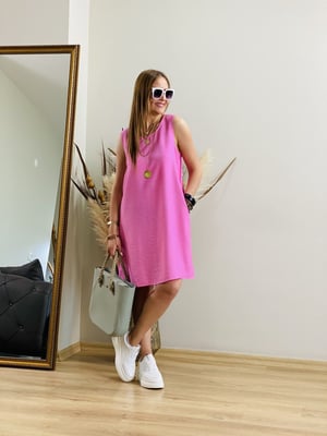 Kolsuz Pembe Keten Elbise