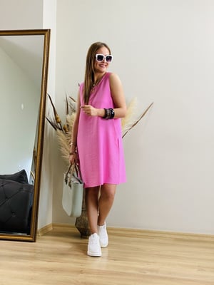 Kolsuz Pembe Keten Elbise