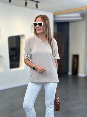 Kolu Güpürlü V Yaka Taş Rengi Bluz