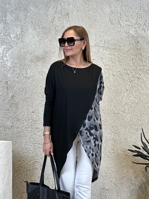 Kruvaze Siyah Leopar Desen Tunik Bluz