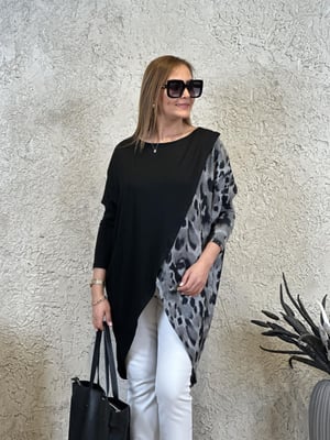 Kruvaze Siyah Leopar Desen Tunik Bluz