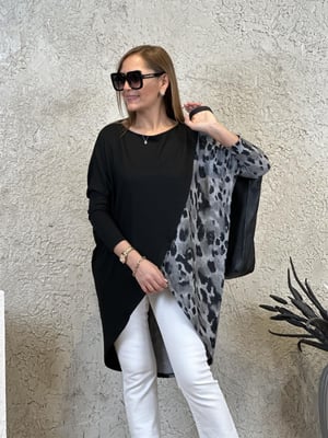 Kruvaze Siyah Leopar Desen Tunik Bluz