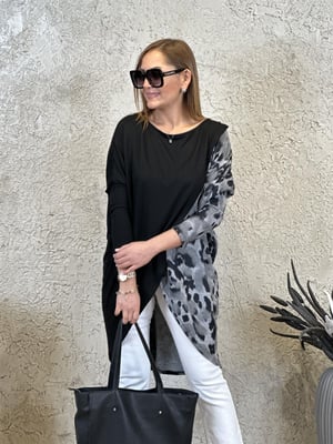 Kruvaze Siyah Leopar Desen Tunik Bluz