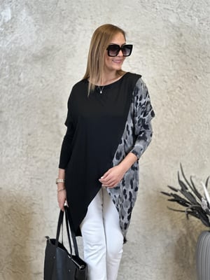 Kruvaze Siyah Leopar Desen Tunik Bluz