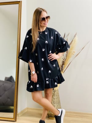 Kuş Nakışlı Siyah Sweat Elbise