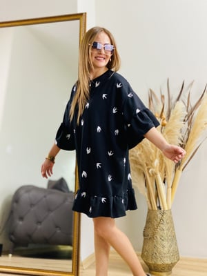 Kuş Nakışlı Siyah Sweat Elbise