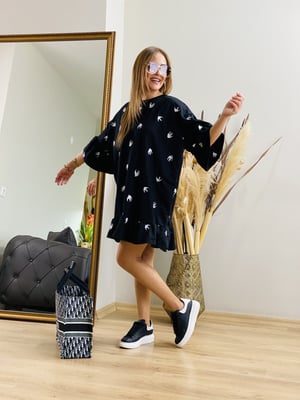 Kuş Nakışlı Siyah Sweat Elbise