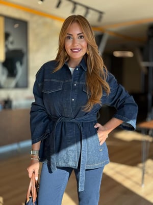 Kuşaklı Lacivert Denim Ceket