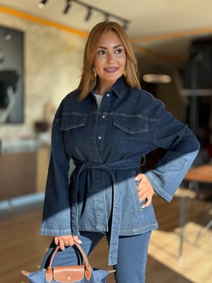 Kuşaklı Lacivert Denim Ceket