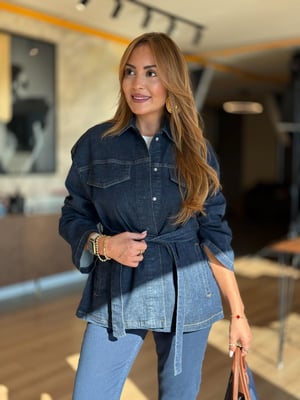 Kuşaklı Lacivert Denim Ceket