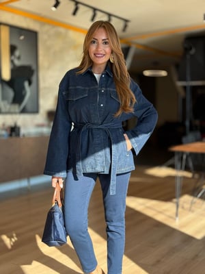 Kuşaklı Lacivert Denim Ceket
