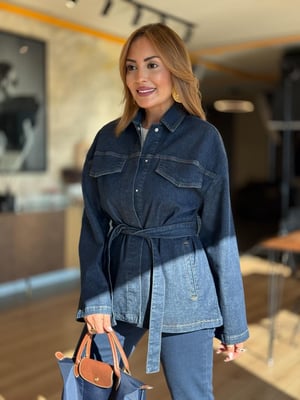 Kuşaklı Lacivert Denim Ceket