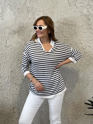 Lacivert Beyaz Polo Yaka Oversize Triko