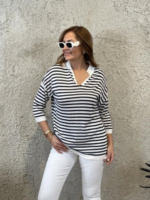 Lacivert Beyaz Polo Yaka Oversize Triko