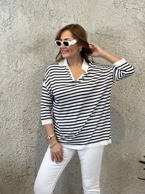 Lacivert Beyaz Polo Yaka Oversize Triko