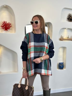 Lacivert Ekoseli Oversize Sweatshirt