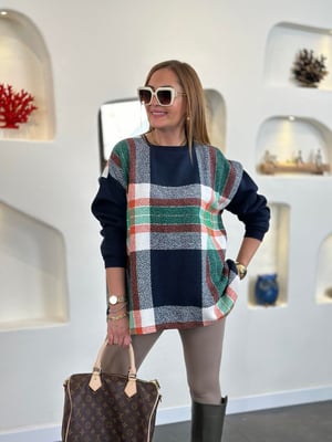 Lacivert Ekoseli Oversize Sweatshirt