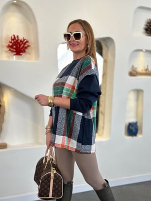 Lacivert Ekoseli Oversize Sweatshirt