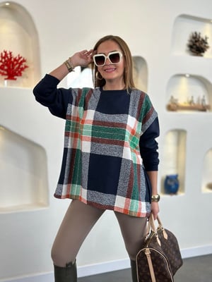 Lacivert Ekoseli Oversize Sweatshirt