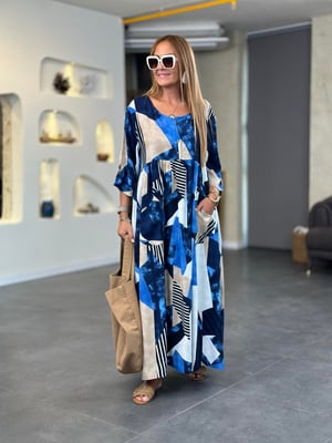 Lacivert Parça Desenli Oversize Elbise