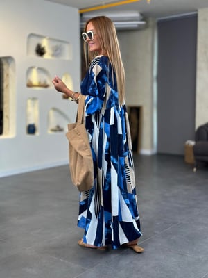 Lacivert Parça Desenli Oversize Elbise