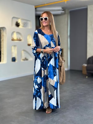 Lacivert Parça Desenli Oversize Elbise