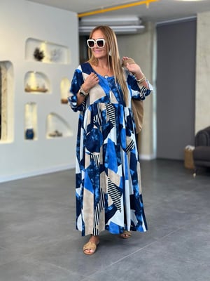 Lacivert Parça Desenli Oversize Elbise