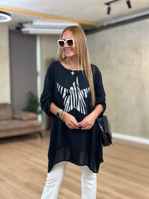 Lame Yıldız Baskılı Asimetrik Siyah Pamuk Bluz