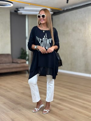 Lame Yıldız Baskılı Asimetrik Siyah Pamuk Bluz