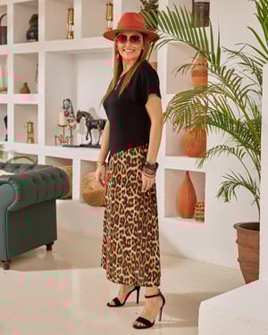 Leopar Detaylı Siyah Elbise