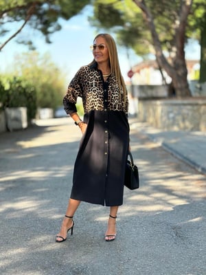 Leopar Detaylı Siyah Gömlek Elbise