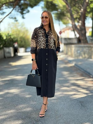 Leopar Detaylı Siyah Gömlek Elbise