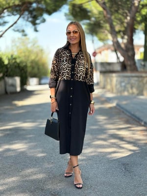 Leopar Detaylı Siyah Gömlek Elbise