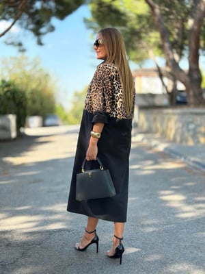 Leopar Detaylı Siyah Gömlek Elbise