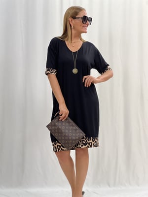 Leopar Detaylı Siyah Salaş Elbise