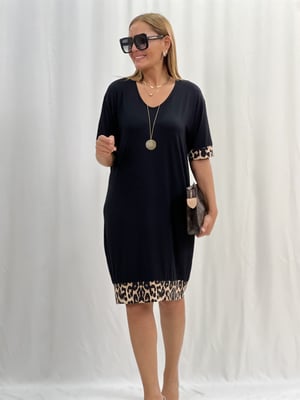 Leopar Detaylı Siyah Salaş Elbise