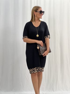 Leopar Detaylı Siyah Salaş Elbise