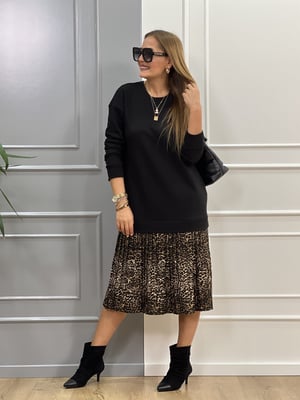 Leopar Detaylı Siyah Sweat Elbise