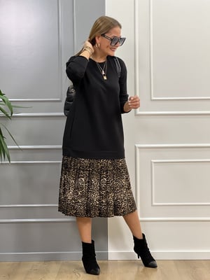 Leopar Detaylı Siyah Sweat Elbise